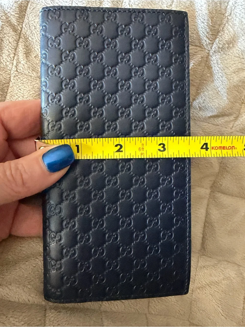 Gucci Navy Blue Embossed GG Leather Tall Card & Cash Wallet / Checkbook Cover